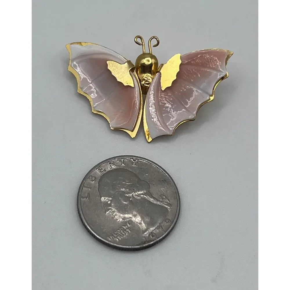 Vintage Gold Tone Pink & White Shell Winged Butterfly Dainty Brooch